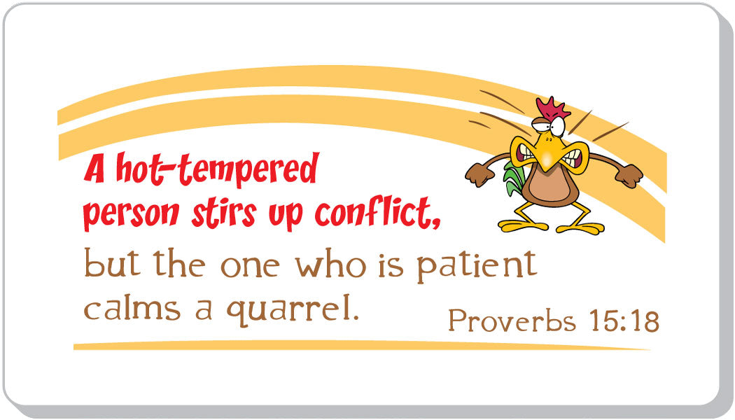 Cartoon chicken with Proverbs 15:18 text on a white background