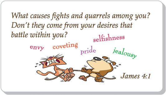 Cartoon illustration of a cat and dog pulling each other with text about human desires and James 4:1 quote.
