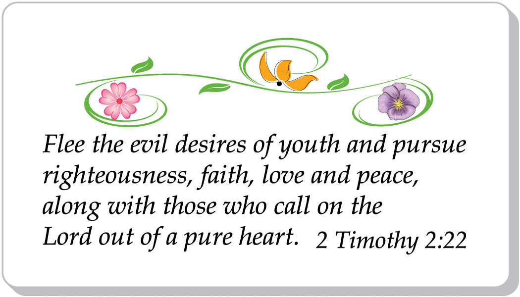 Decorative card with flowers and a Bible verse quote on a white background 2 Timothy 2:22