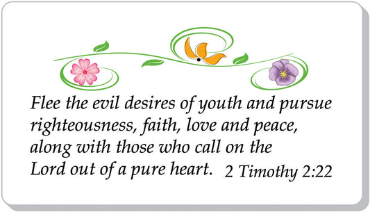 Decorative card with flowers and a Bible verse quote on a white background 2 Timothy 2:22